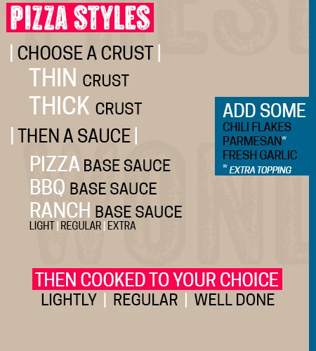 Pizza crust, sauce, and doneness offered at Napoli Pizza